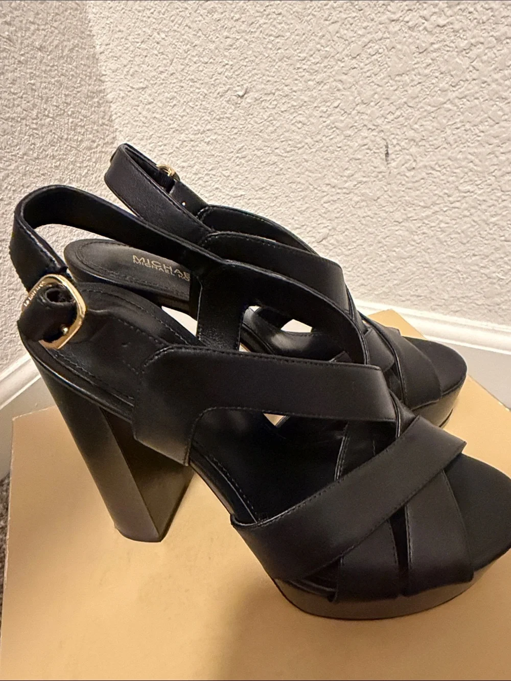 Michael Kors Black Leather Crisscross Platform Heels with Ankle Strap